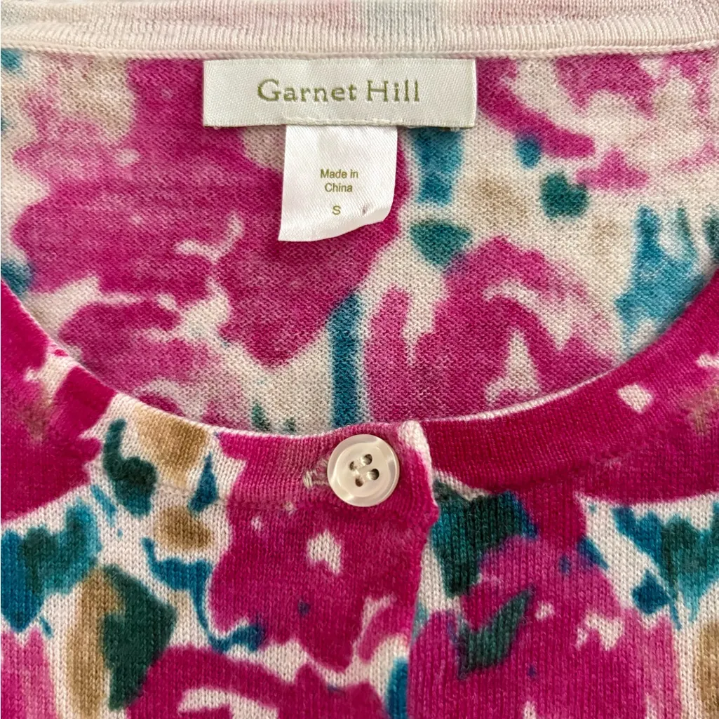 Garnet Hill Pink Floral Merino Wool Cardigan Sweater Button Down Womens Small - Image 4