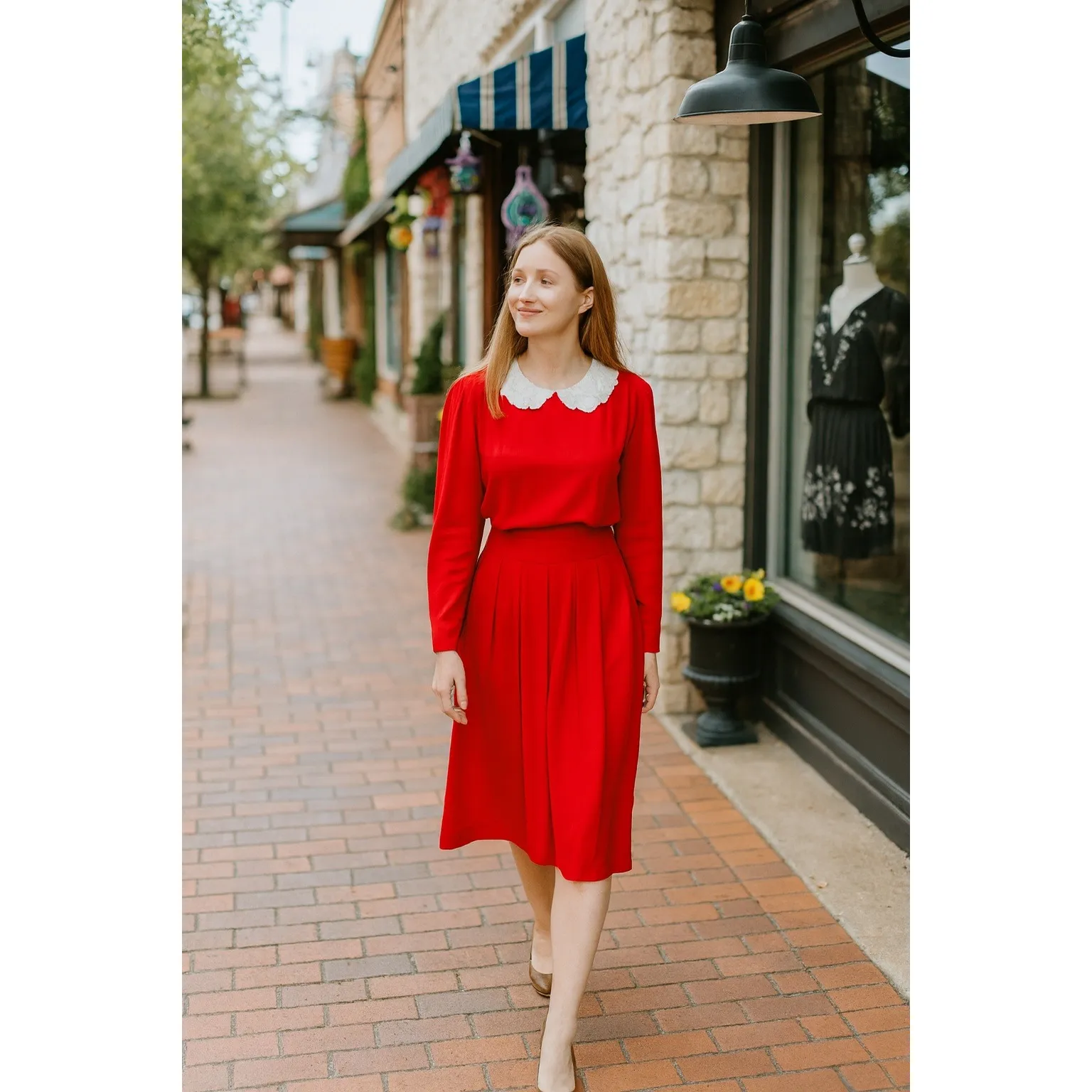 Vintage Karin Stevens Midi Dress w/ Peter Pan Collar Size 12 (Vintage Fit S/M) - Image 3