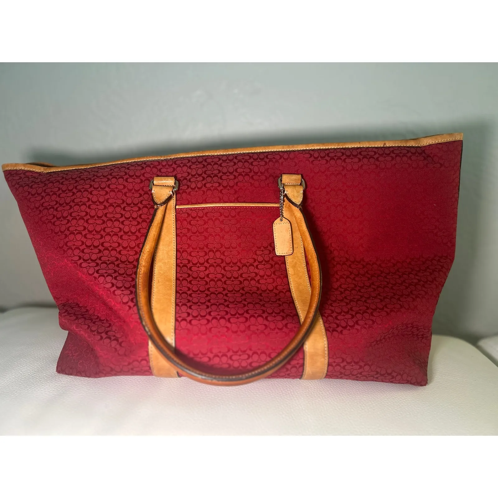 Vintage Coach 3602 Red Signature Jacquard Tote‎ Bag Leather Trim Y2K Large - Image 2