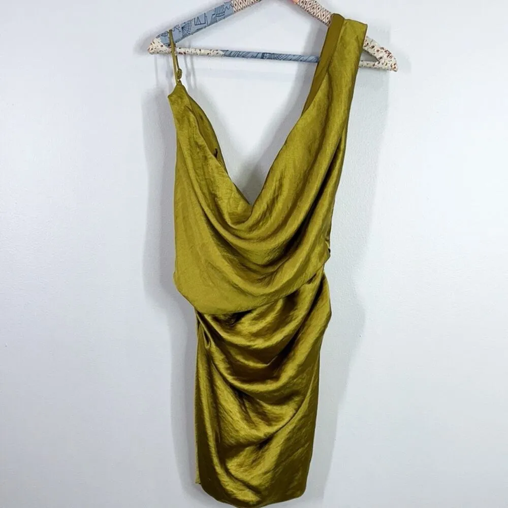 Prettylittlething x Naomi Campbell satin chartreuse cowl neck bodycon dress - Image 2