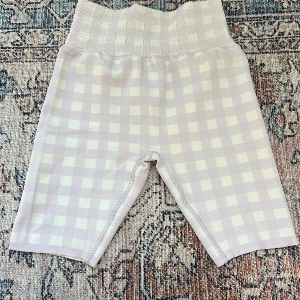 Sweaty Betty Gingham Lavender and White High-Waisted Biker Shorts Medium 8” - Image 15