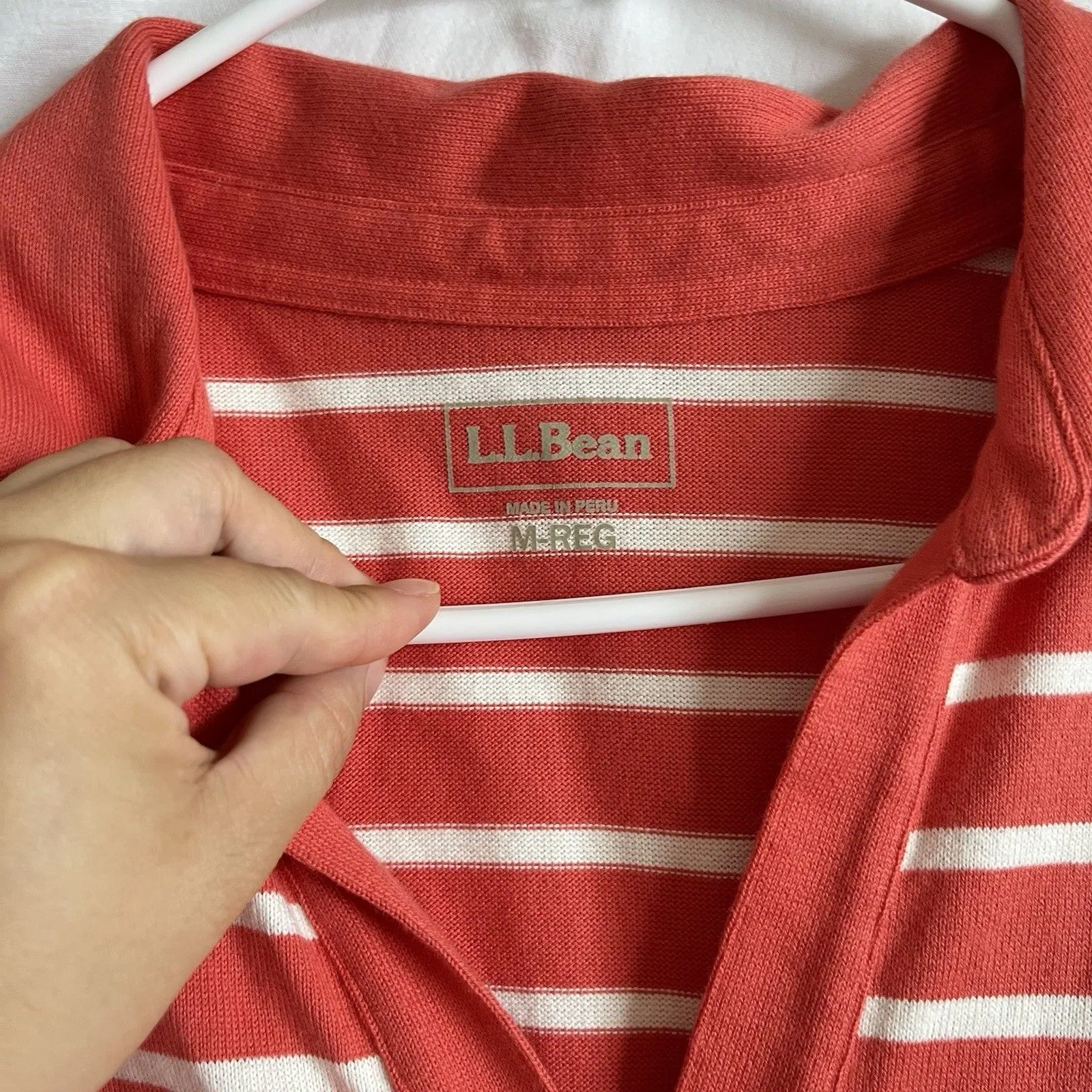 LL Bean Top Womens M Coral Pink Striped Collared Polo V Neck Cotton Red Size M - Image 4