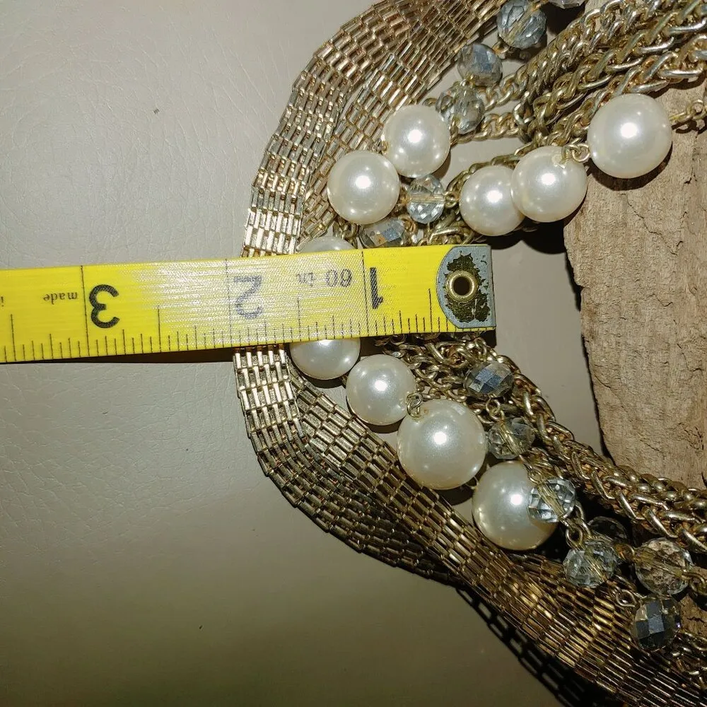Statement Necklace Multi 8 Strand Glass Crystals Faux Pearls Gold Silver Chunky - Image 11
