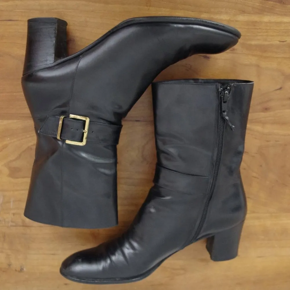 Salvatore Ferragamo Black Leather Buckle Heeled Zip UP Boots Size 8.5 4A - Image 3