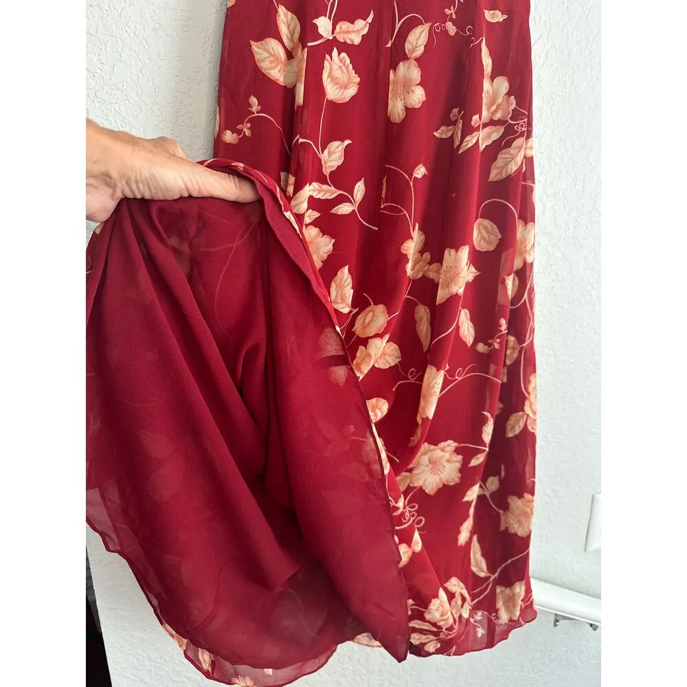 J. Peterman Company Silk Floral Dark Red Midi Dress Cottage Garden Shower Brunch Size 2 - Image 6