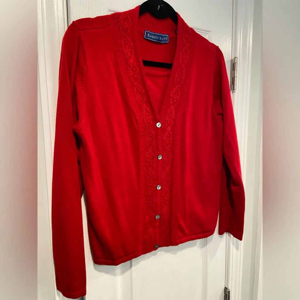 Karen Scott Size L Red Embroidered Button Front Cardigan Sweater Front Lined - Image 4