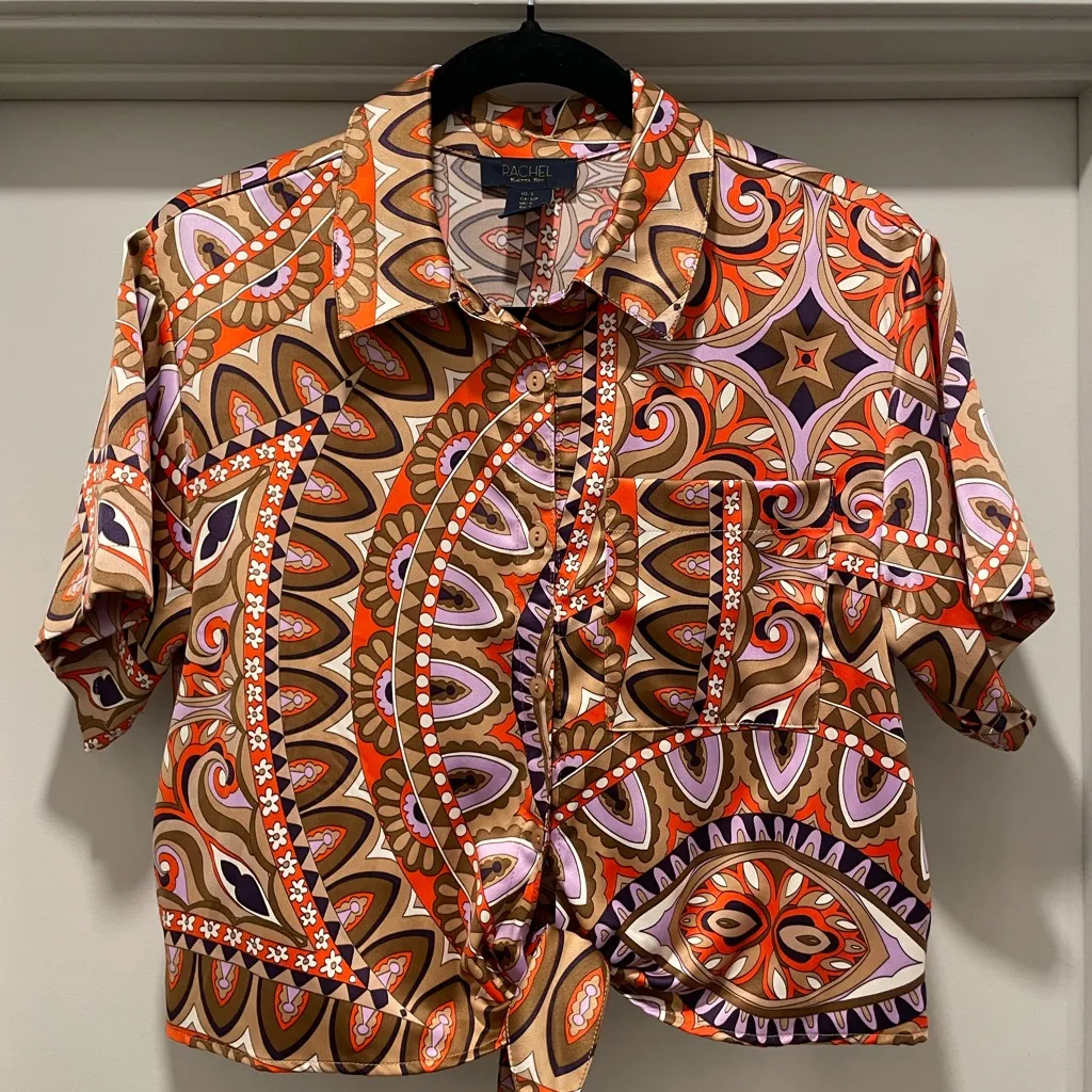 LIKE NEW Rachel Roy Colorful Short Sleeve Tie Front Paisley Swirl Pattern Blouse Orange - Image 7