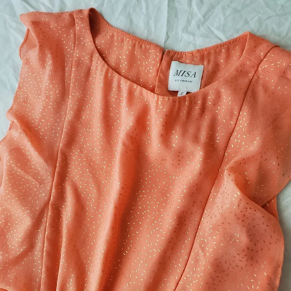 MISA LOS ANGELES small (S) coral peach gold foild confetti ruffles mini dress - Image 5