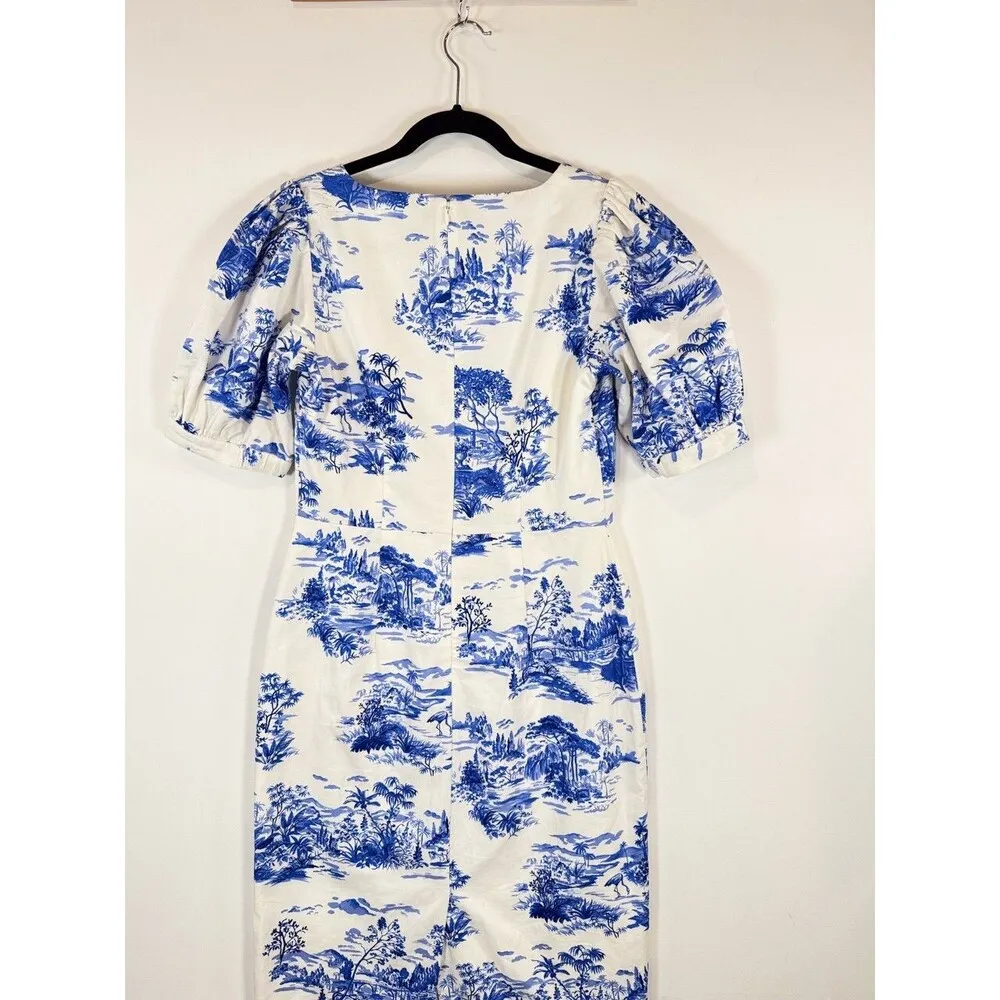 Ann Taylor Dress Blue Toile De Joy Midi Puffed Scoop Neck Linen Sheath Size 0 - Image 12