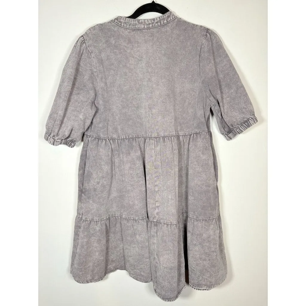ENTRO Mineral-Washed Denim Babydoll Mini Dress Gray Preppy Casual Size Large - Image 4