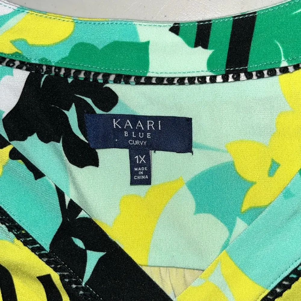 Kaari Blue Curvy 1X Green & Yellow Floral Print - Black Eyelet Trim Blouse Top - Image 6