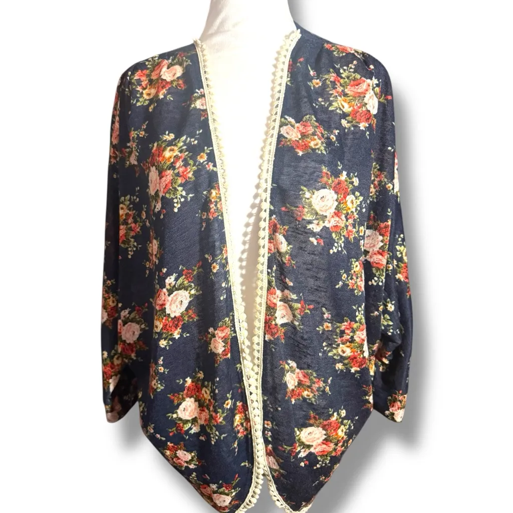 Anthropologie MAUVE Women’s Multicolor Floral Crochet Hem Kimono Cardigan Size L - Image 2
