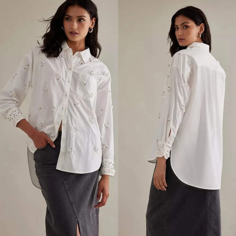 Anthropologie Maeve The Bennet Buttondown Shirt Pearl-Embellished Edition Small - Image 3