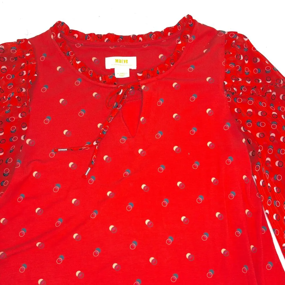 Anthro Maeve Jacquin Red Printed Peasant Blouse - XS - Image 6