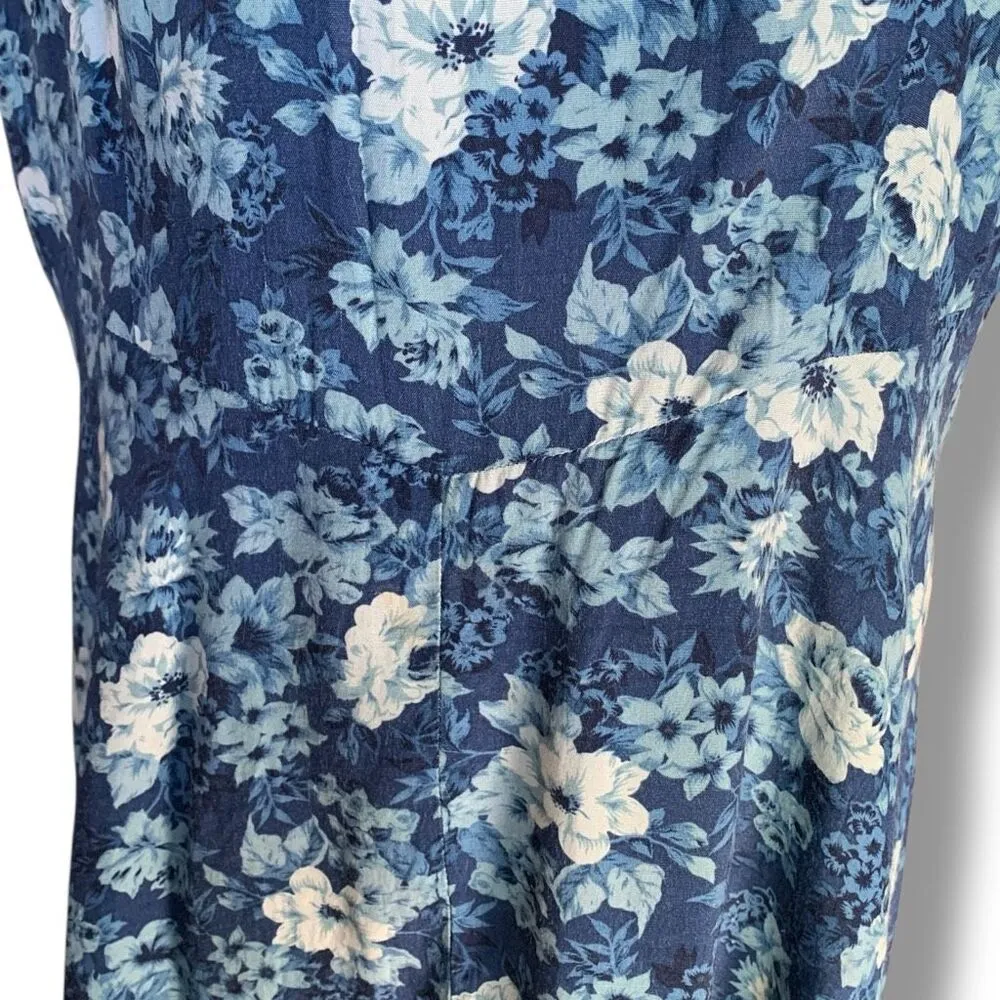 Vintage 90s Rampage Blue Granny Floral Sleeveless Midi Dress Flowy Romantic Size M - Image 6