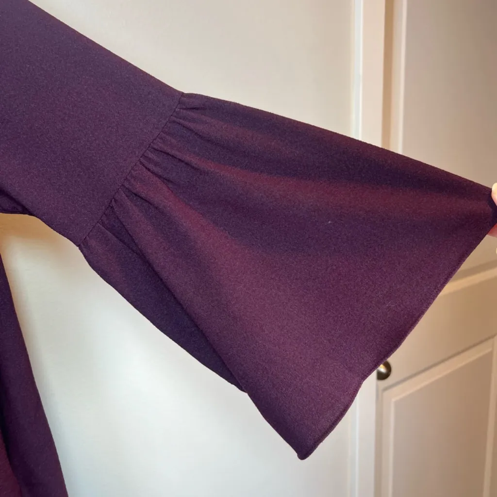 Theory Women's Wool Blend Baby Doll Dress Burgundy V-Neck Bell Sleeves Sz Medium - Image 8