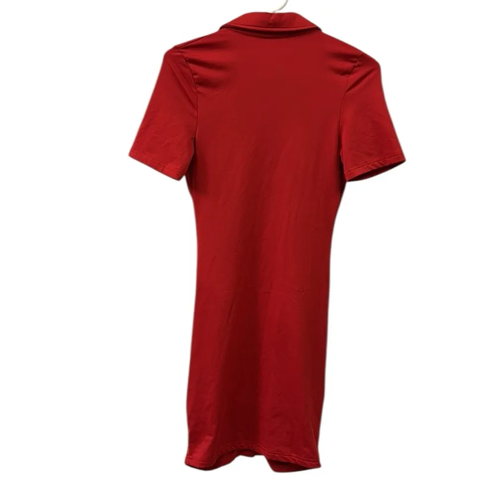 Red Ruched Bodycon Full Button Front Short Sleeve Mini Dress Womens Small - Image 7