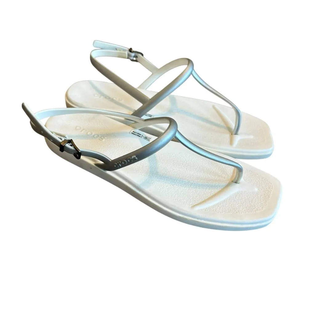 Crocs Miami White Sandals Silver Straps Flip Flop Thongs w/ Buckle Size 9 Womens - Image 5