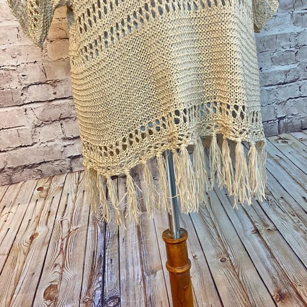 ee:some Womens Open Knit Top Fringe Acrylic Blend Short Sleeve Tan Taupe Medium - Image 3