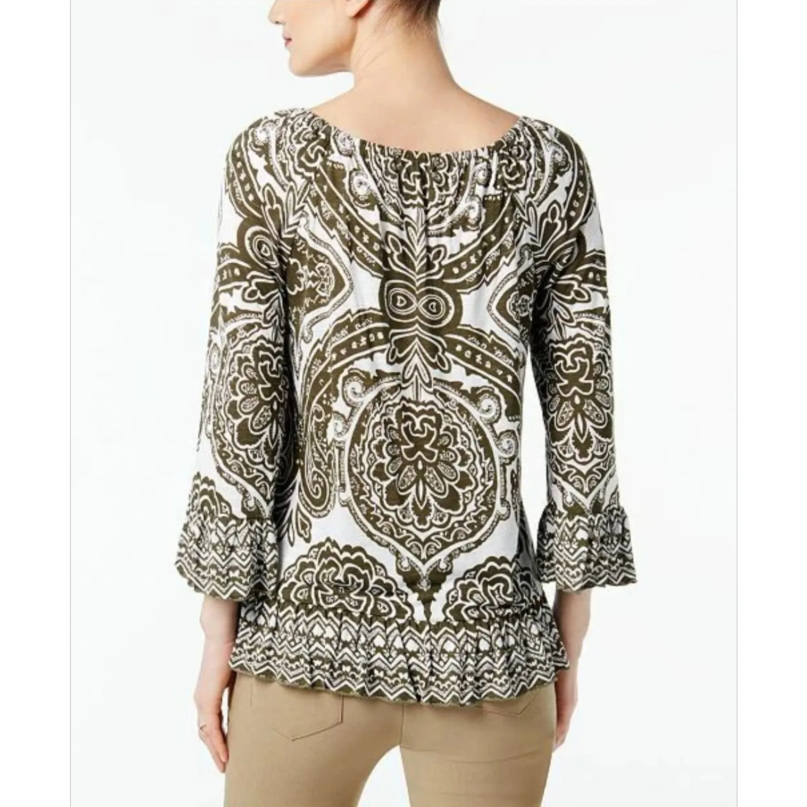 INC Women's Blouse Top 3/4 Sleeve White Green Paisley Boho Hippie Size Medium - Image 8