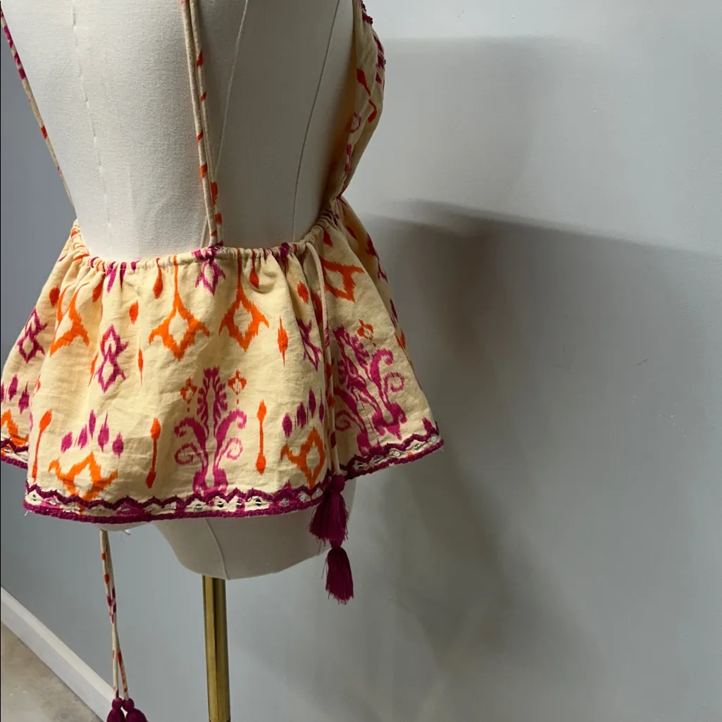 Zara Tank Top Boho Tassel Babydoll Ikat Strappy Backless Festival Beachy Peplum - Image 8