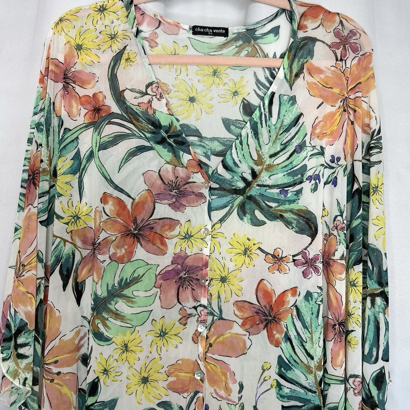 Cha Cha Vente‎ Women's Swim Coverup 2X Tropical Green Coral Lightweight Sheer - Image 2