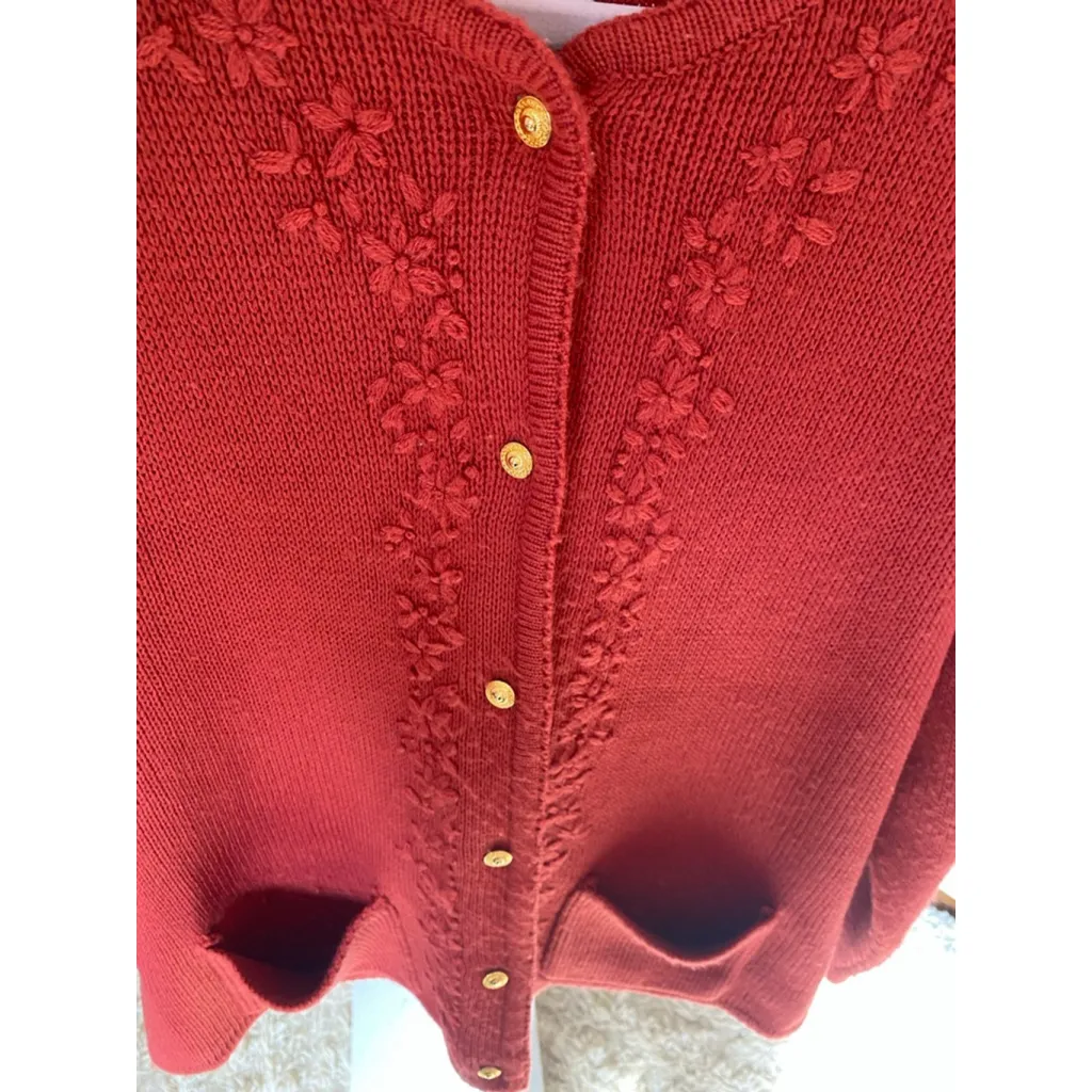 Vintage Cottagecore Embroidered Knit Cardigan Coquette Romantic Parisian Boho L - Image 4
