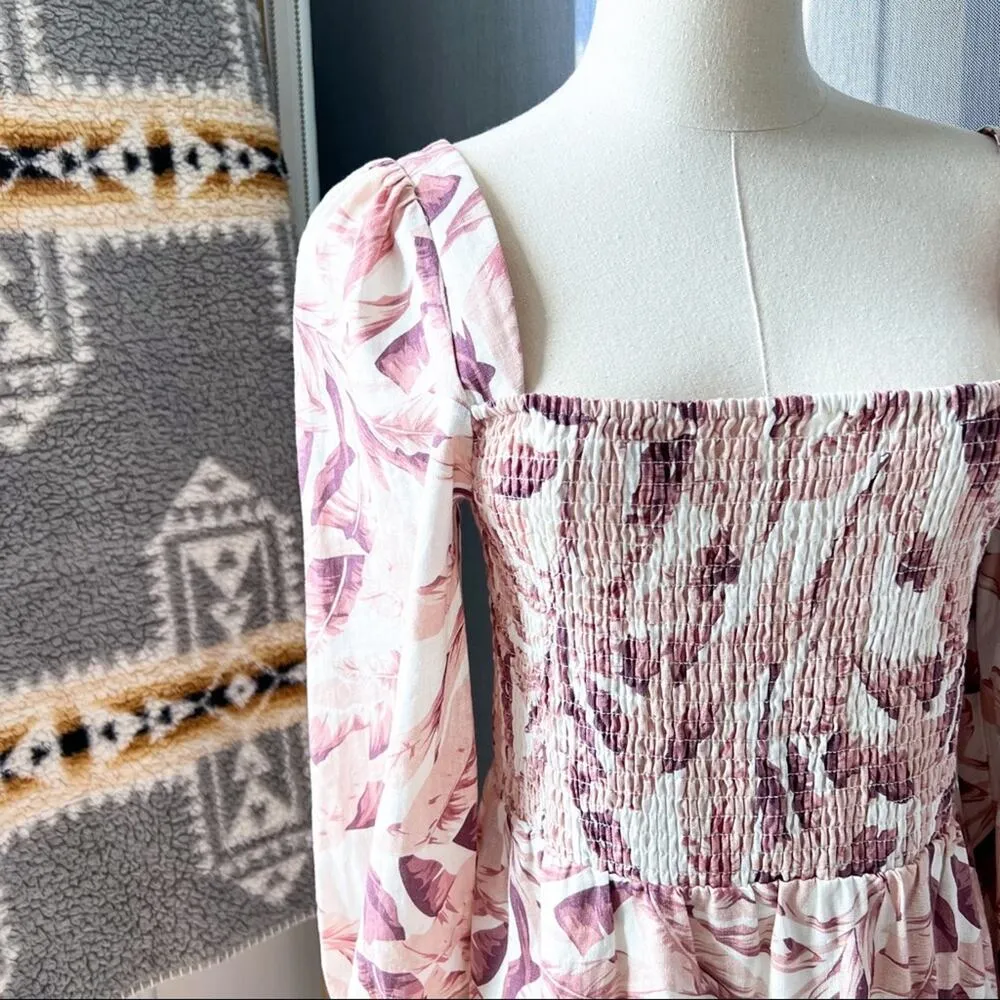 House Of Harlow 1960 White Pink Linen Blend Long Puff Sleeves Midi Dress Medium - Image 2