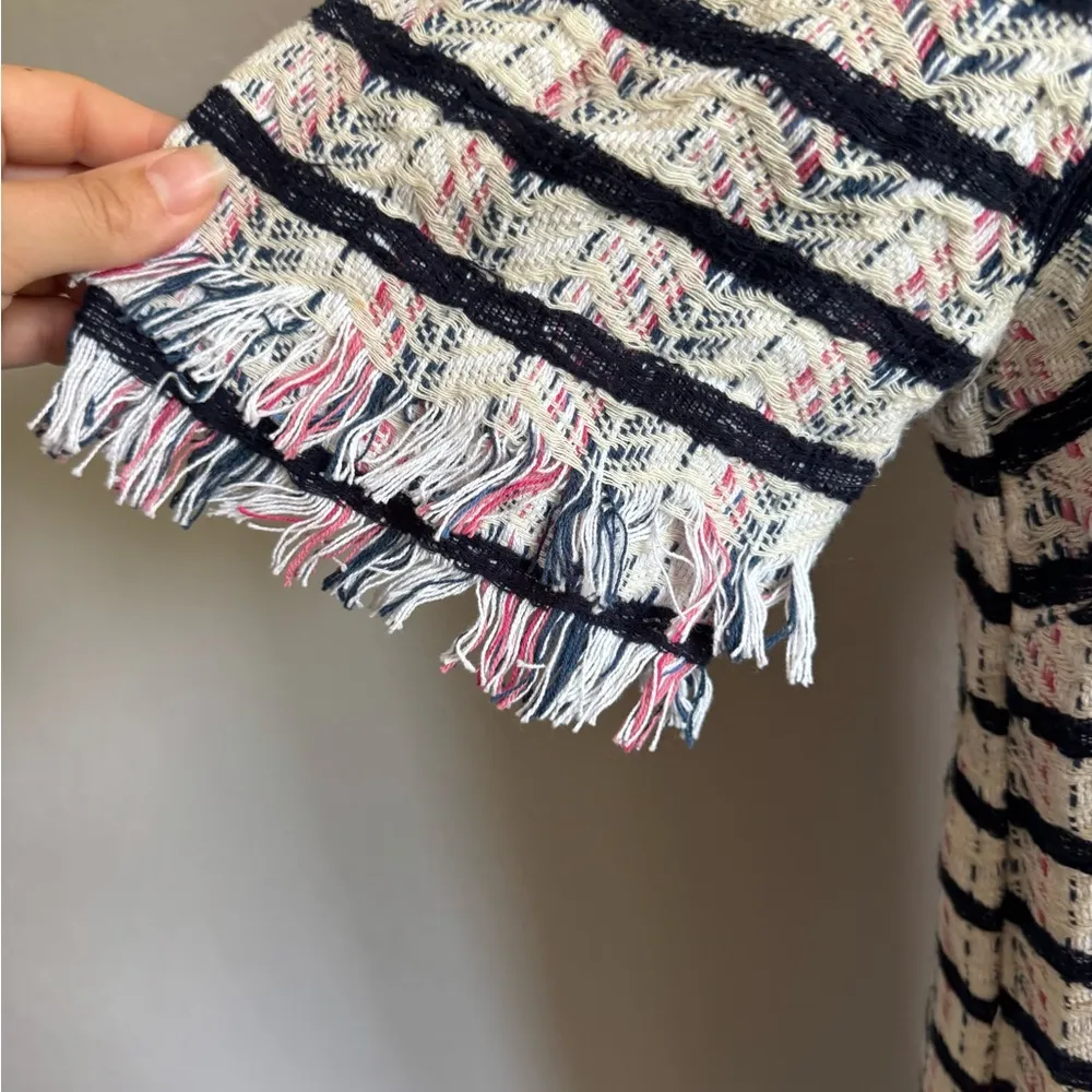 Anthropologie Holding Horses White Navy Tweed Stripe Fringe Shift Dress Womens 8 - Image 3