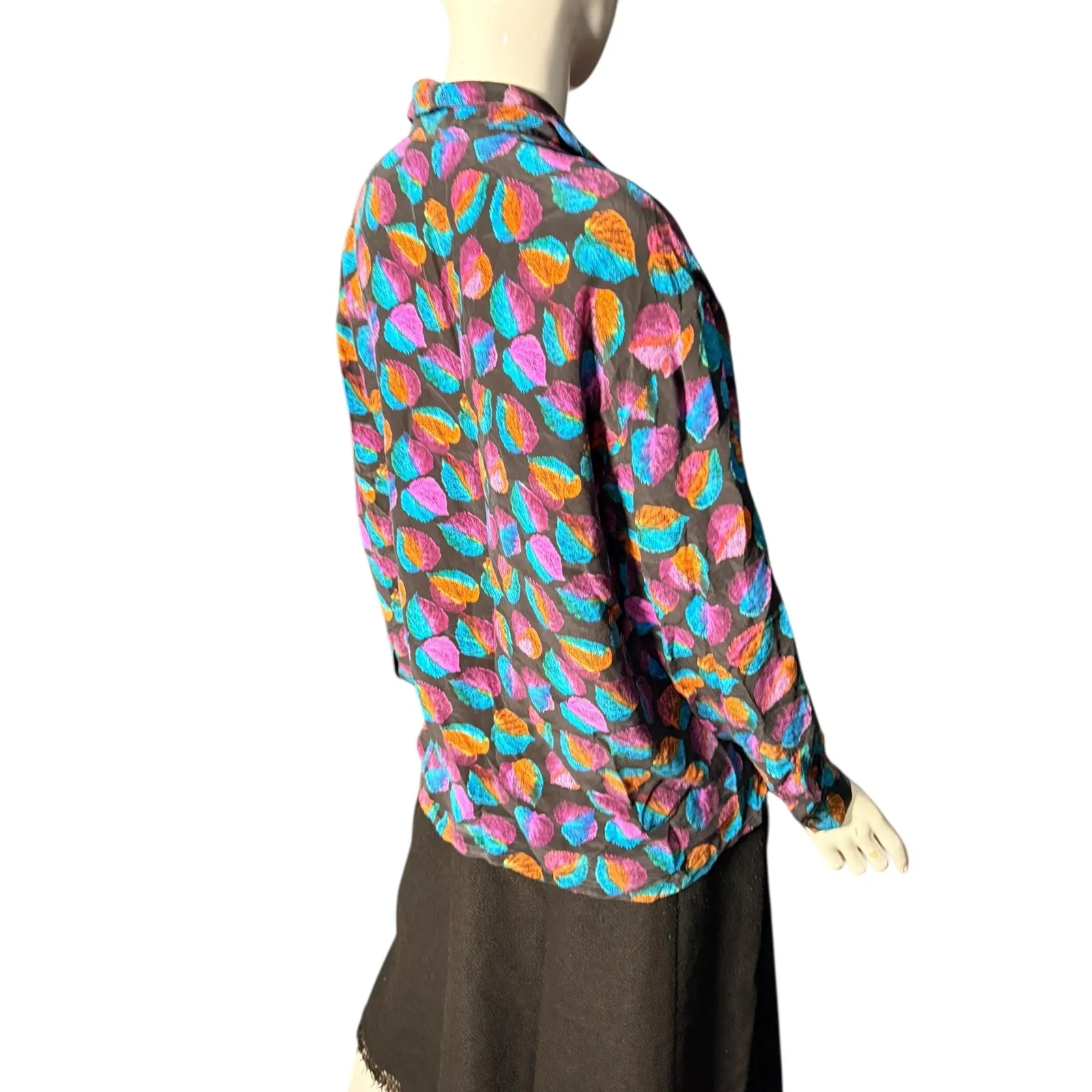Vintage 80s TRISTAR 100% Silk Leaf Print Button Up Shirt Top Women's Size L Black Size L - Image 4
