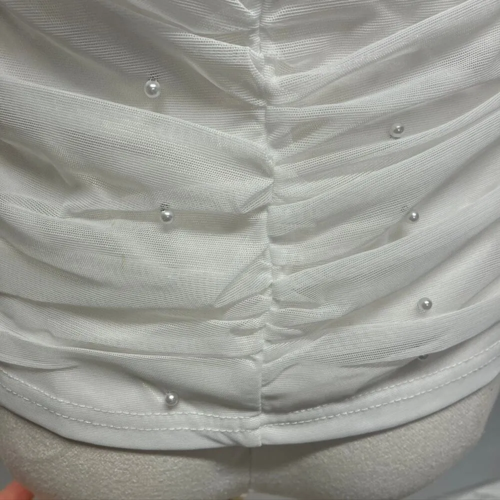 Lulus Flirty Glamour White Mesh Pearl Strapless Crop Top Juniors XL Stretchy - Image 6