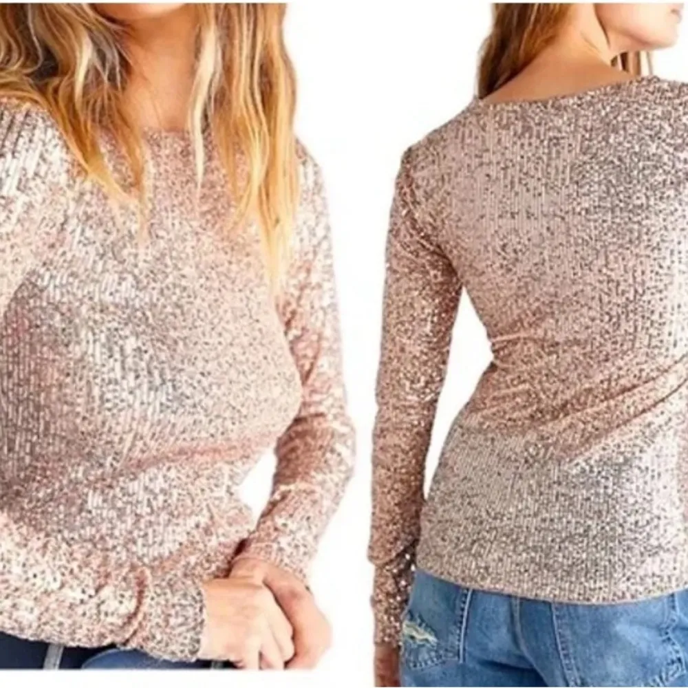 Intimately Long Sleeve Sequin Gold Rush Top Rose Gold Size S NWT - Image 3