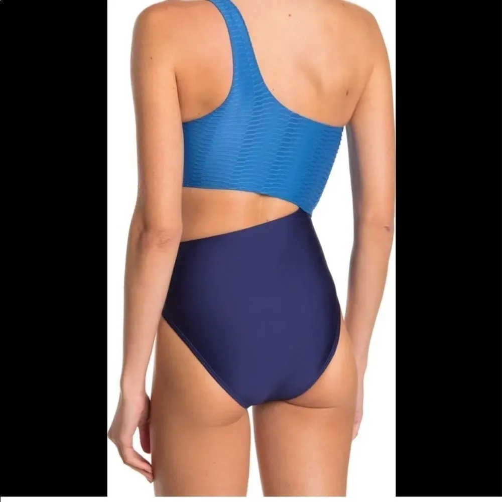 Splendid Blue Colorblock Cutout One Shoulder Swimsuit One Piece Monokini Size L - Image 4