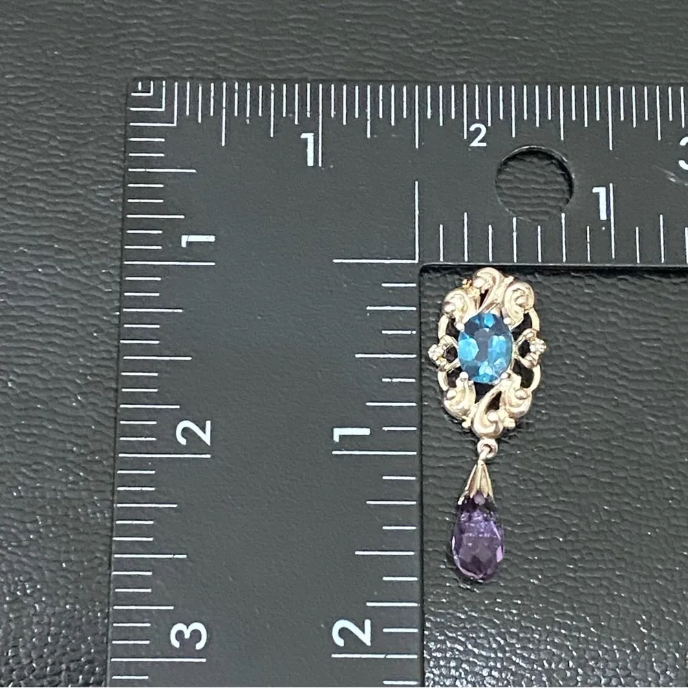 Vintage 925 Signed Sterling Silver Blue Topaz Amethyst Teardrop Pendant 3.9g - Image 4
