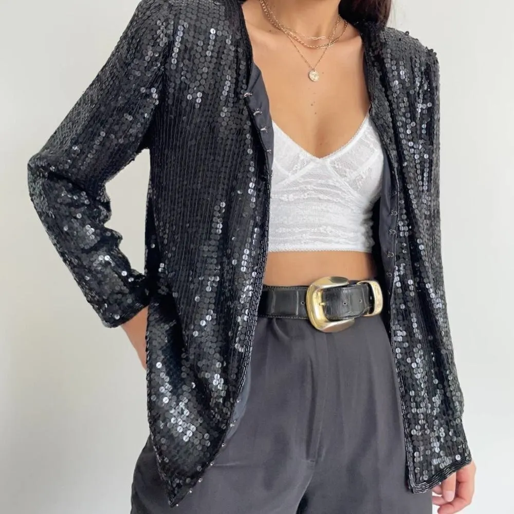 Vintage Stenay 100% silk black sequin jacket size small - Image 3