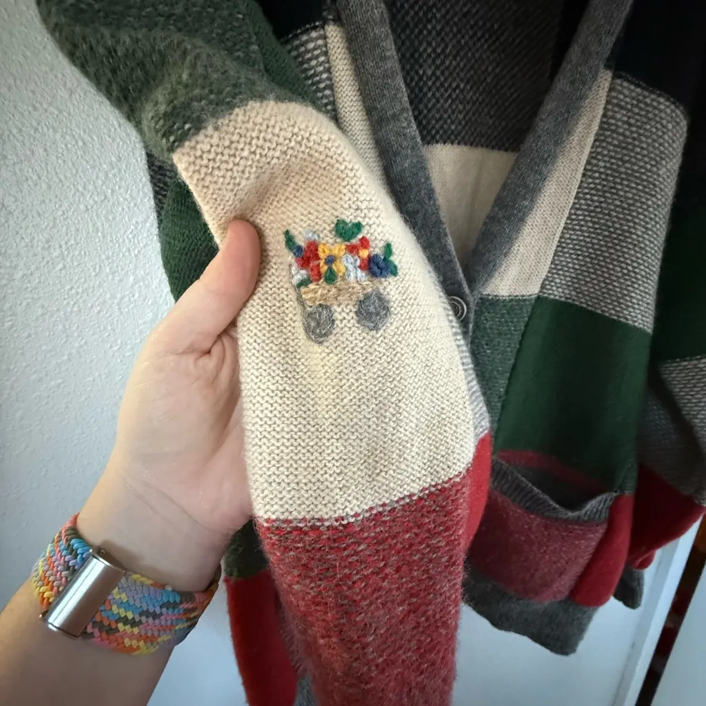 Vintage Susan Bristol Wool Patchwork Embroidered Cardigan Sweater Medium - Image 7