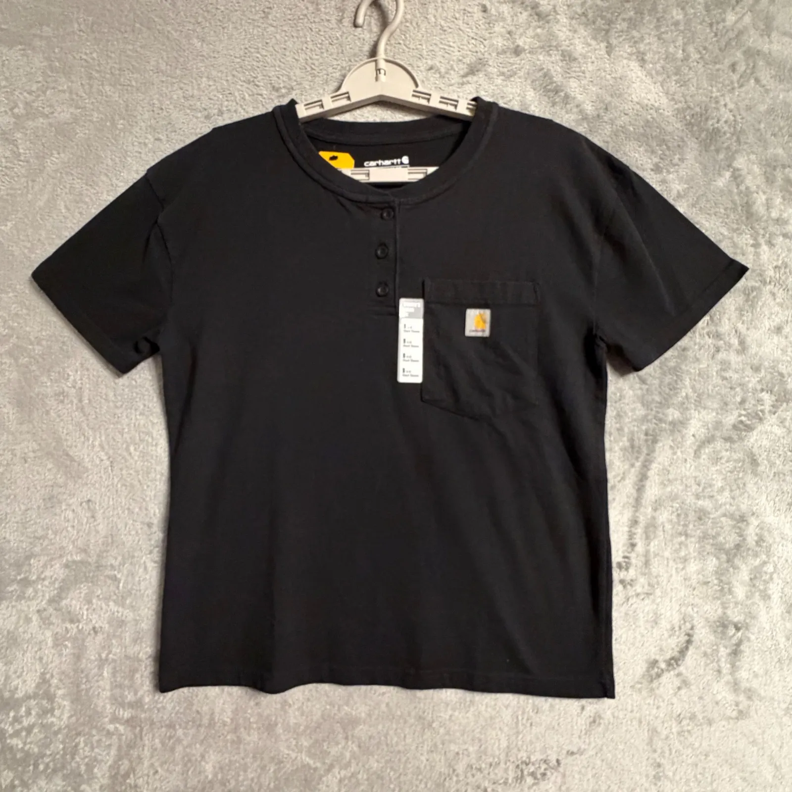Carhartt Women Small S Loose Fit Black Henley T Shirt Short Sleeve Pocket Work - Image 2