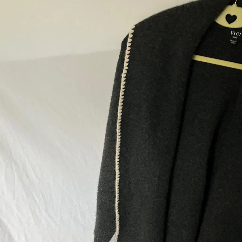 Vici: Charcoal Open-Front Sweater- White Trim- Oversized- XS/S - Image 13