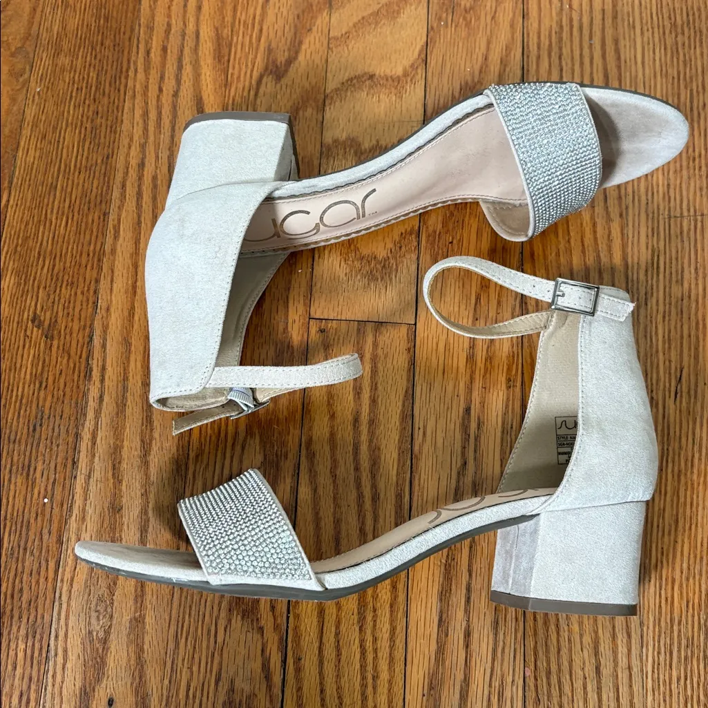 Sugar Machelene dressy‎ block heel sandal rhinestone beige strap size 10 Silver - Image 9