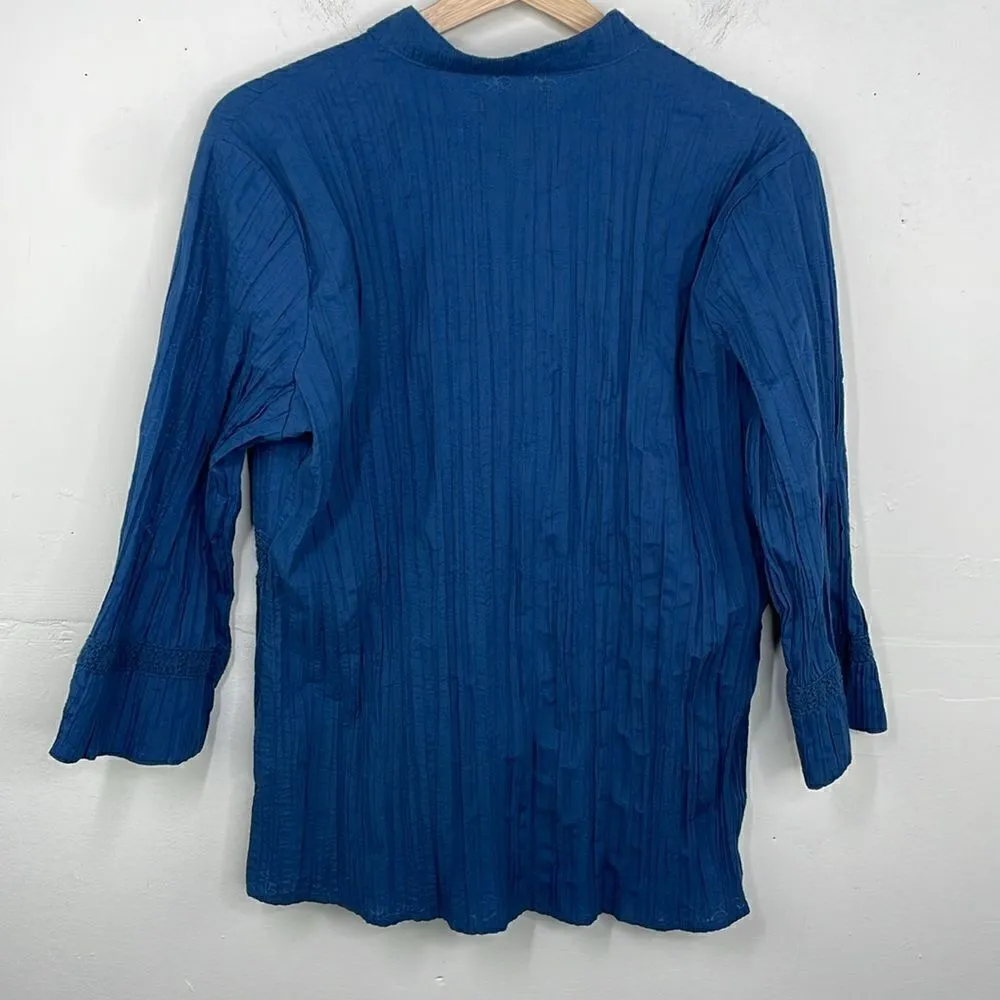 Cottagecore Boho Crinkled Button Down Crew Neck Crochet Detail 3/4 sleeve Large - Image 8