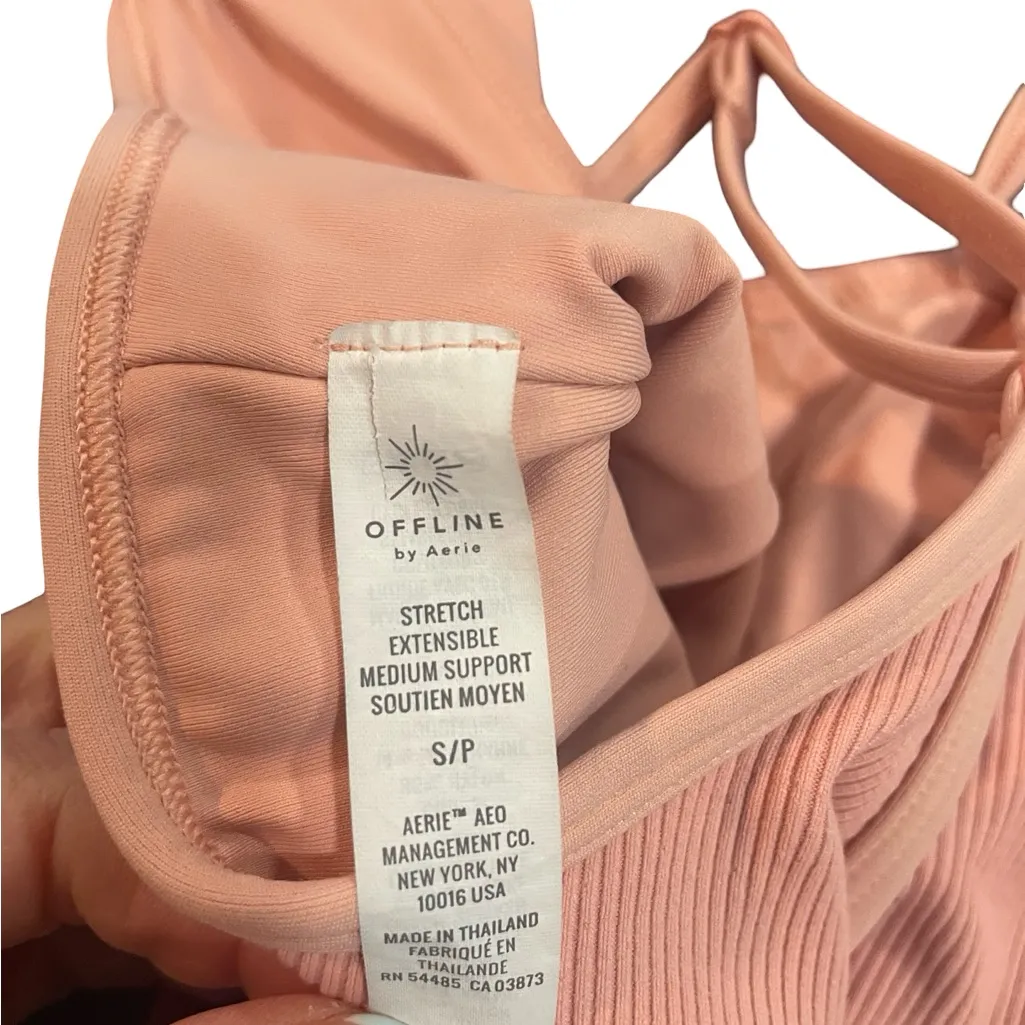 OFFLINE by Aerie Ribbed V-Neck Longline Sports Bra - Peach - S - Image 3