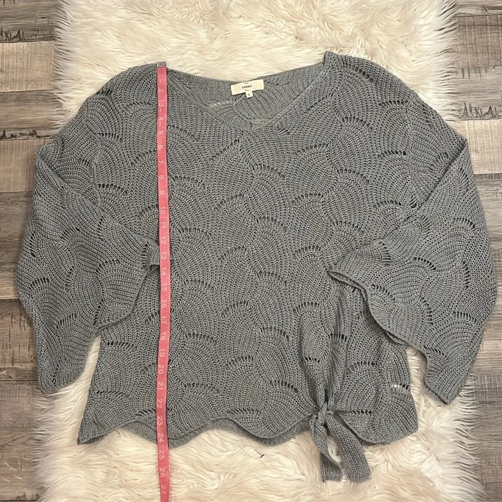 Entro open knit tie front bell sleeve scalloped edge lightweight sweater gray S - Image 7