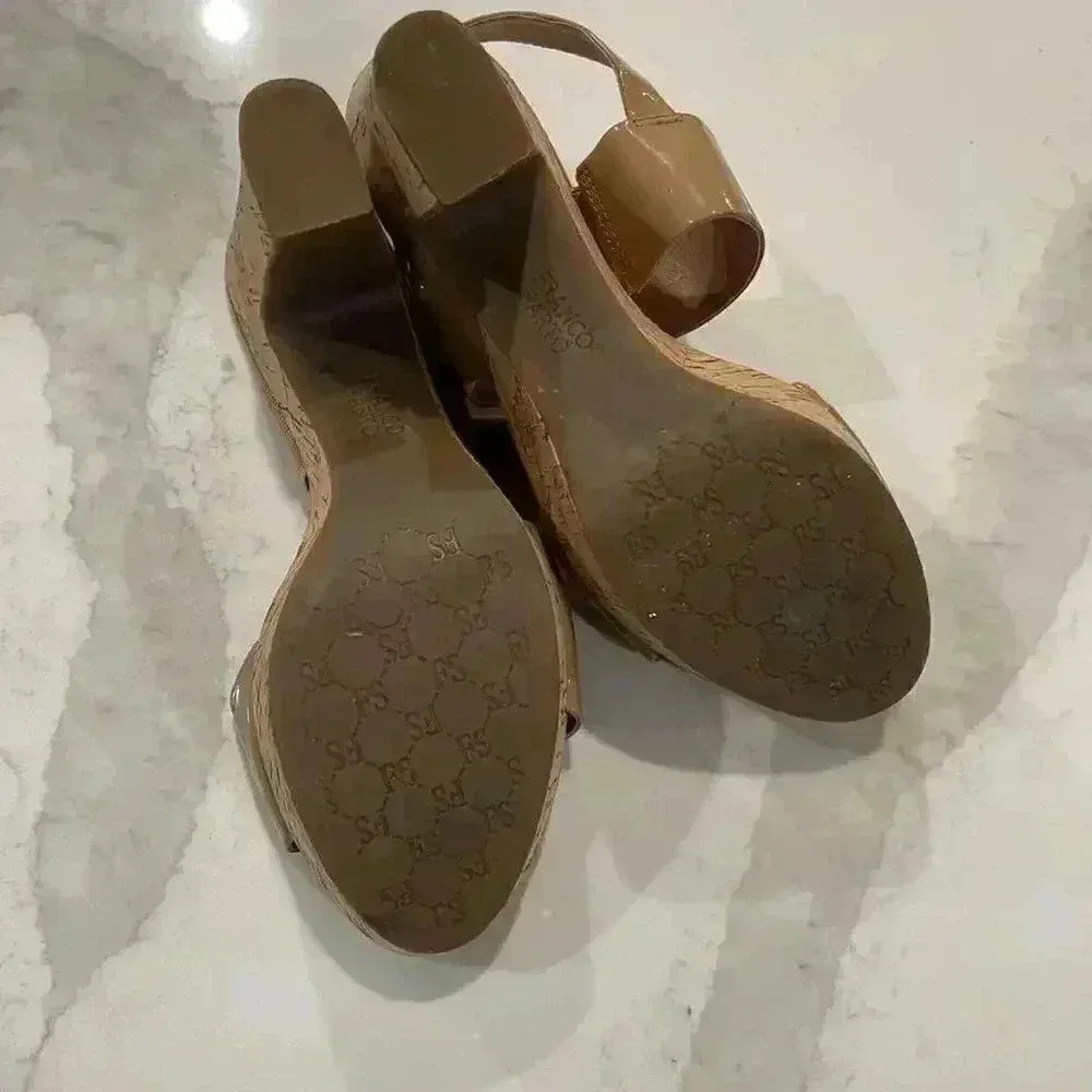 Franco Sarto Frank Nude Cork Block Heels Shiny Strappy Ankle Women’s Size 6.5 - Image 7