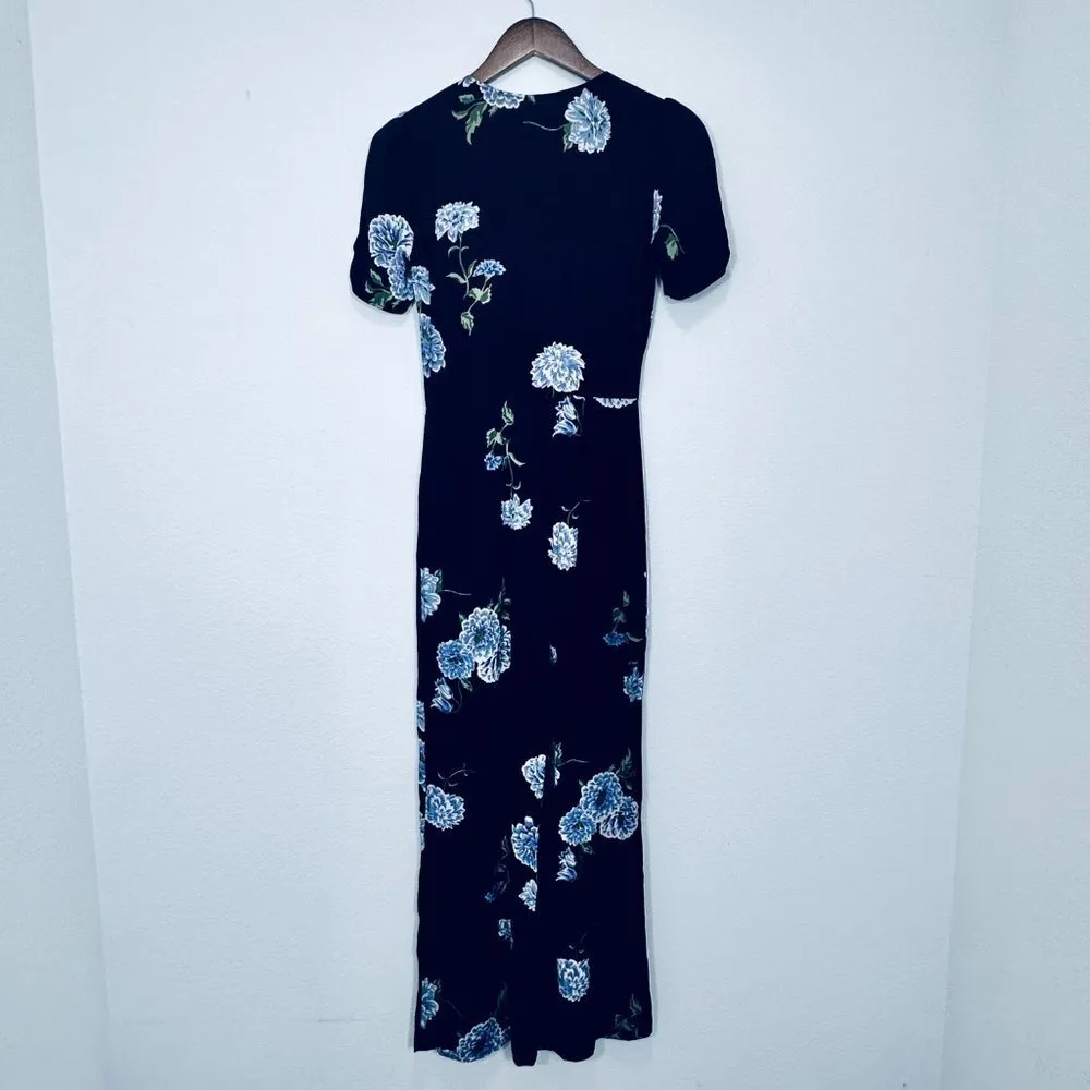 Reformation Lilac Black Floral Short Sleeve V Neck Jumpsuit Wedding Guest Size 0 - Image 2