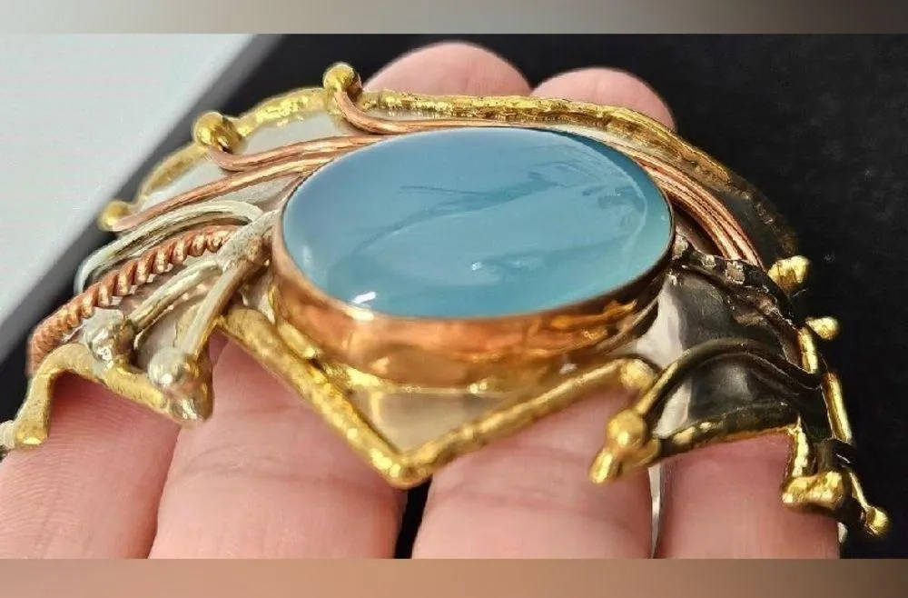 Vintage Brutalist Metalwork Cuff Bracelet Abstract Chalcedony Stone Mixed Media Multiple - Image 4