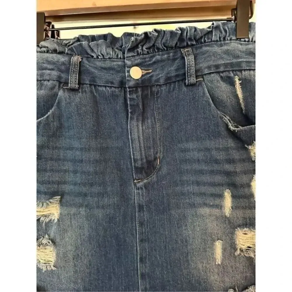 Hayden Denim Mini Skirt Distressed Frayed Hem - Image 3