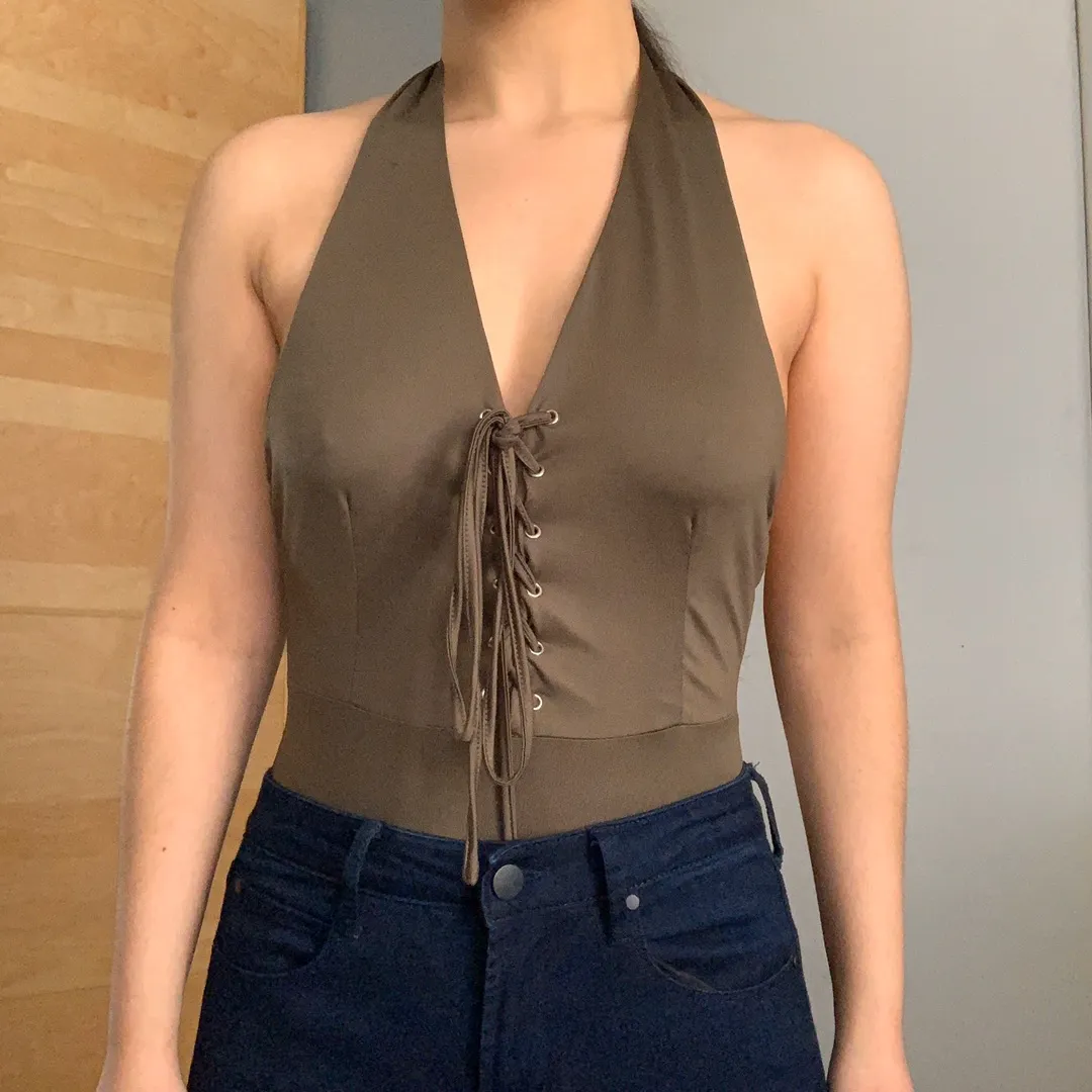 Olive Green Lace Up Halter Bodysuit - Image 2