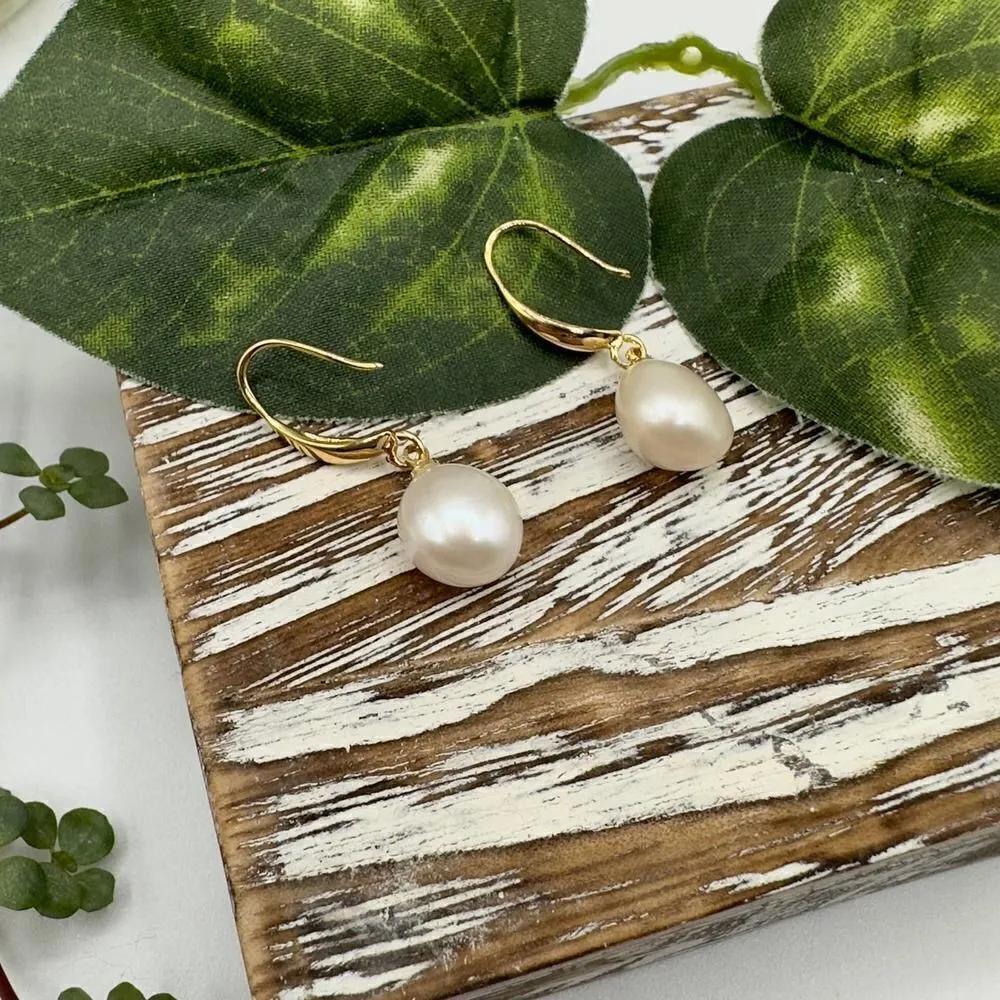 Baroque Pearl Gold Drop Earrings 18K Plated White - Image 5