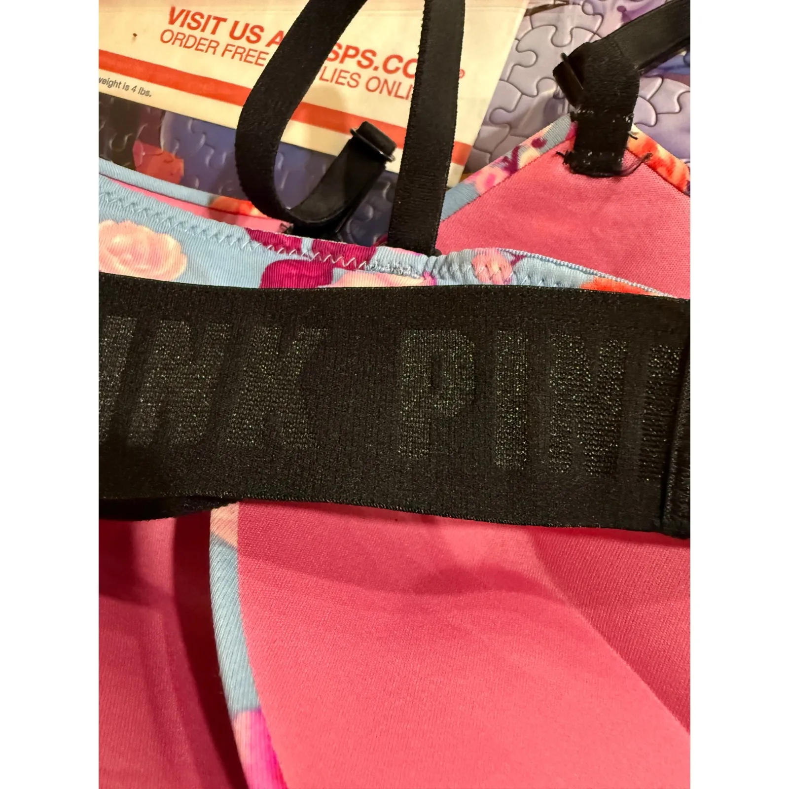 Pink by Victoria's Secret Push Up Bra Floral Blue Pink Black Straps 34B Size undefined - Image 4