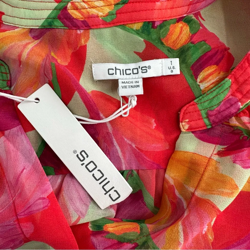 Chicos Georgette Blouse Fiesta Foliage Flame Scarlet size 1/Medium Red Floral - Image 11